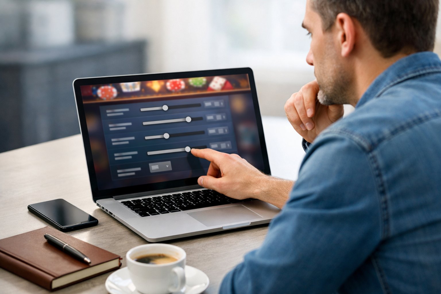 An adult sitting at a desk adjusting settings on a laptop showing an online casino interface.