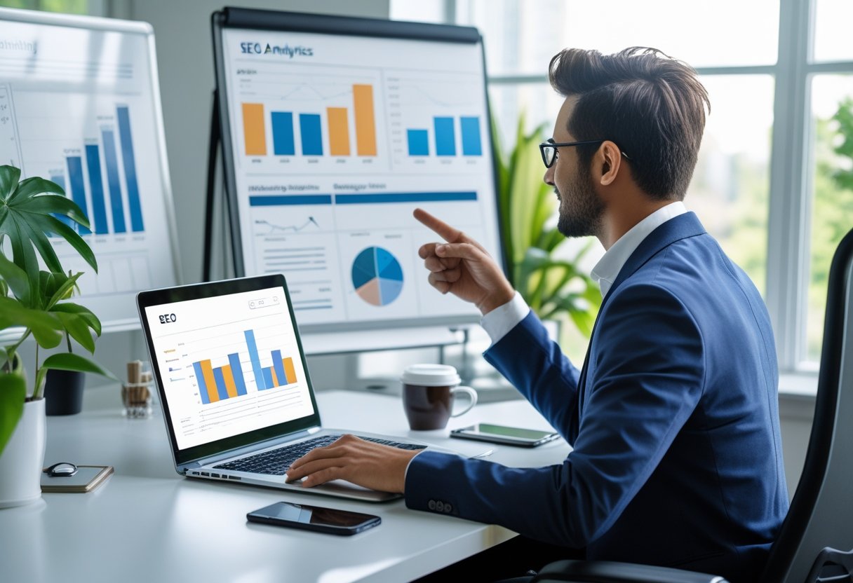 Ein Coach arbeitet konzentriert an einem Laptop mit SEO-Daten in einem hellen B&uuml;ro.