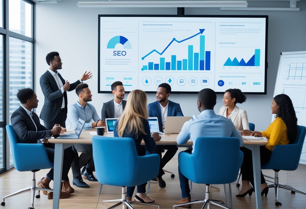 Eine Gruppe von Menschen in einem modernen B&uuml;ro, die an einer Coaching-Sitzung zu Suchmaschinenoptimierung teilnehmen, mit einem Coach, der vor einem Bildschirm mit Diagrammen steht.