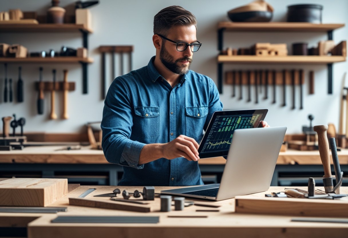 Ein Handwerker in einer Werkstatt arbeitet konzentriert mit einem Laptop, umgeben von Werkzeugen und Materialien.