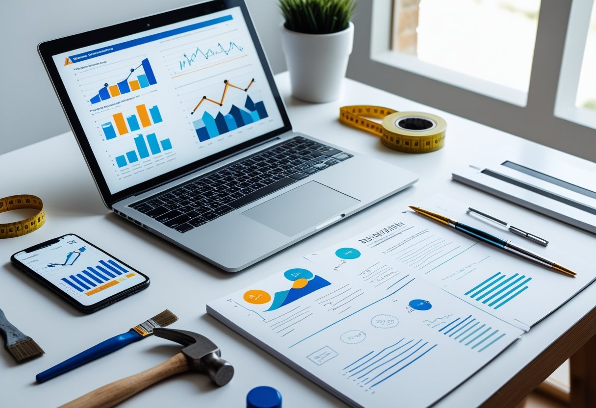 Ein moderner Arbeitsplatz mit Laptop, Smartphone und Werkzeugen auf einem Schreibtisch, der SEO-Arbeit f&uuml;r Handwerker-Websites symbolisiert.