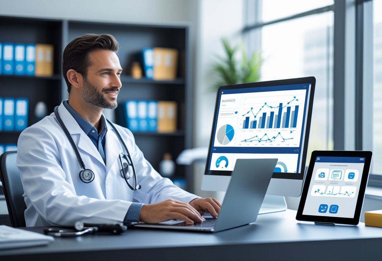 Ein Arzt in einem modernen B&uuml;ro sitzt am Schreibtisch vor einem Laptop und analysiert Diagramme und Daten auf dem Bildschirm.