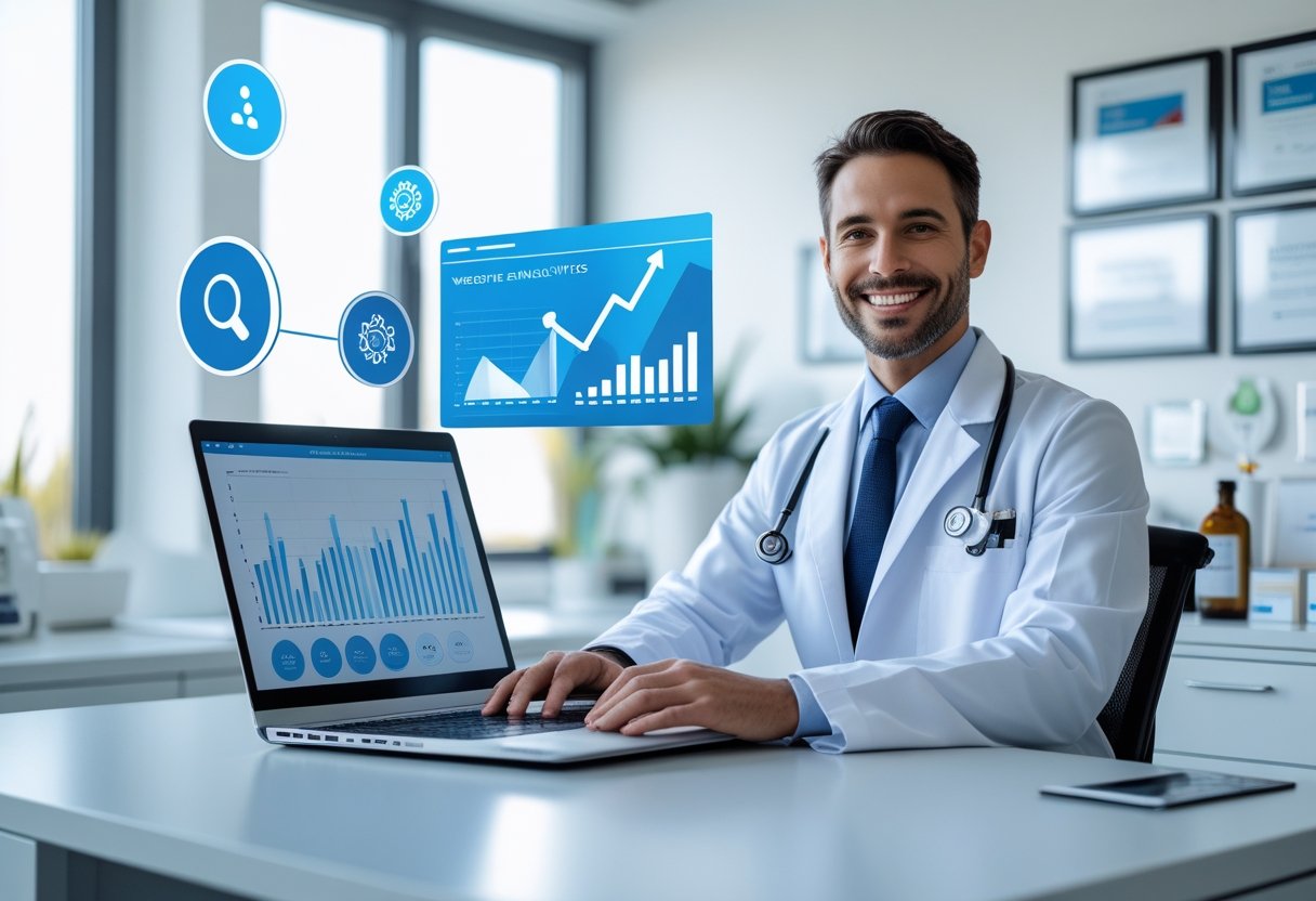 Ein Arzt sitzt an einem Schreibtisch mit einem Laptop, umgeben von Symbolen f&uuml;r Suchmaschinenoptimierung in einem modernen Behandlungszimmer.