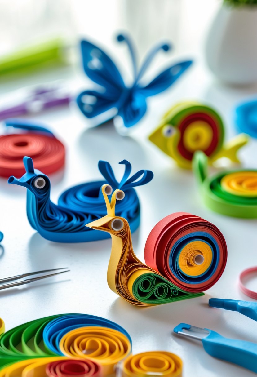 Close-up of colorful paper quilling animal shapes and crafting tools arranged on a white table.