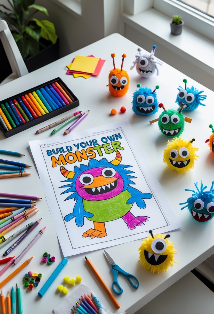 A workspace with colorful craft supplies and a partially colored monster coloring page surrounded by handmade monster crafts.
