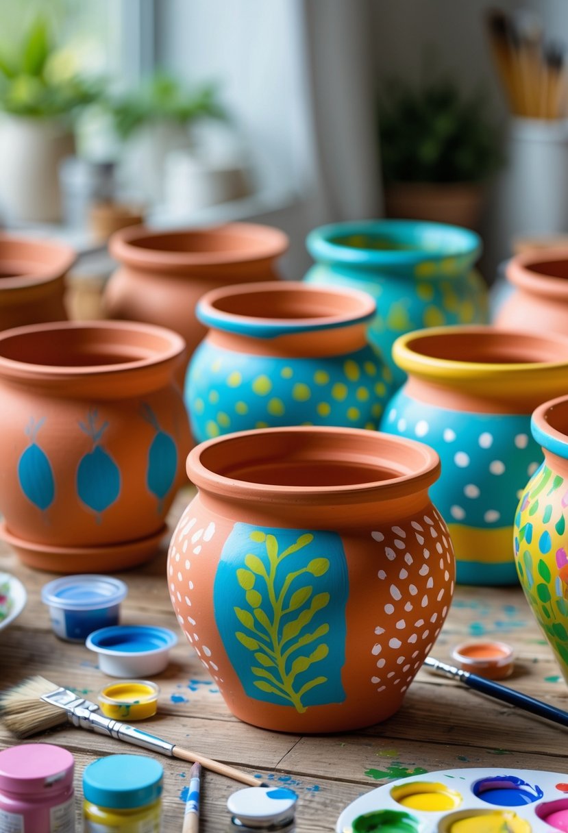 A table with several colorful painted terra cotta pots surrounded by paintbrushes and paint containers.