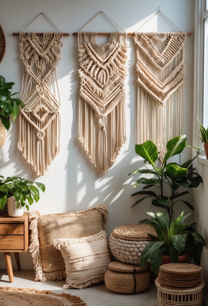 A cozy room corner with macrame wall hangings, potted plants, wooden furniture, and soft textiles illuminated by natural light.