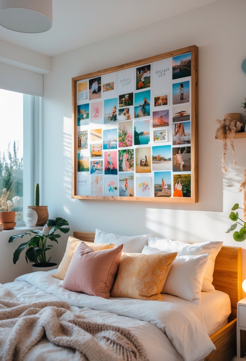A bedroom with a personalized photo collage wall art above the bed, surrounded by plants, pillows, and cozy decor.