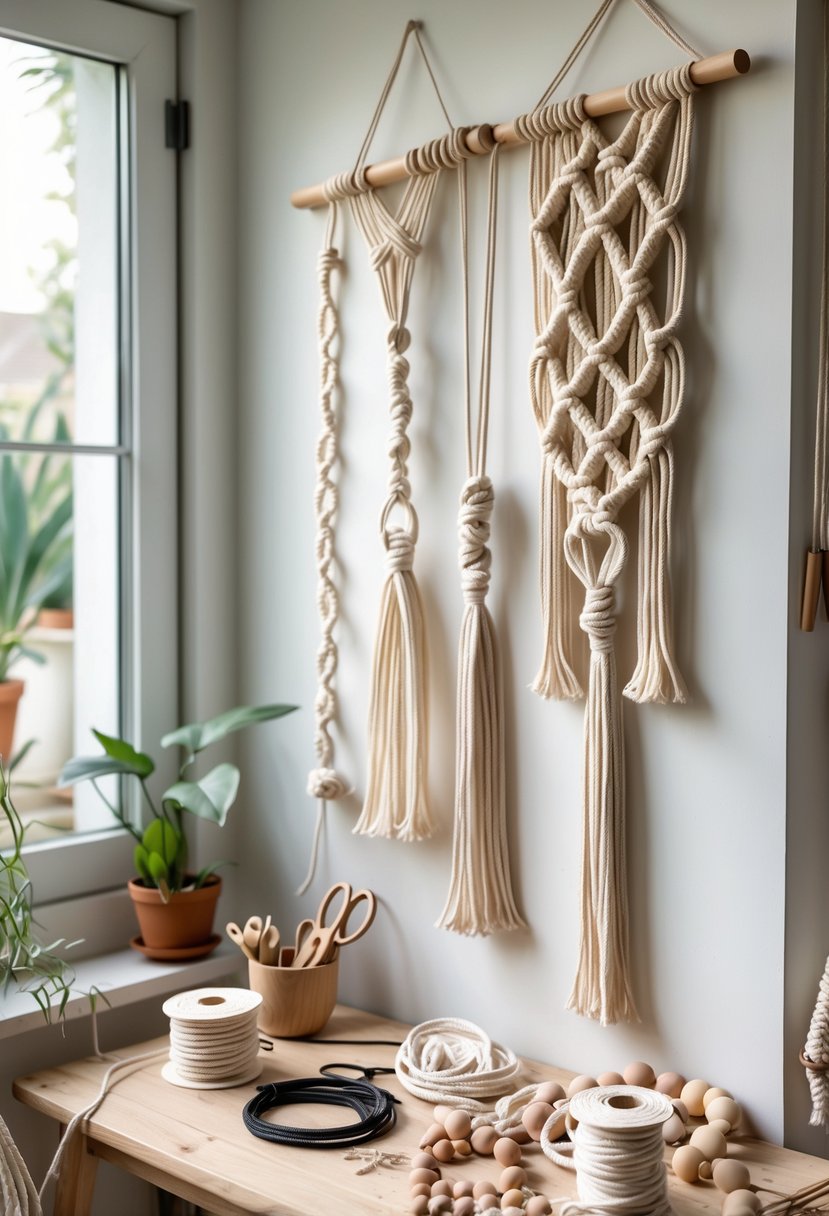 A well-lit indoor workspace with macrame wall hangings and crafting materials on a wooden table near a window.