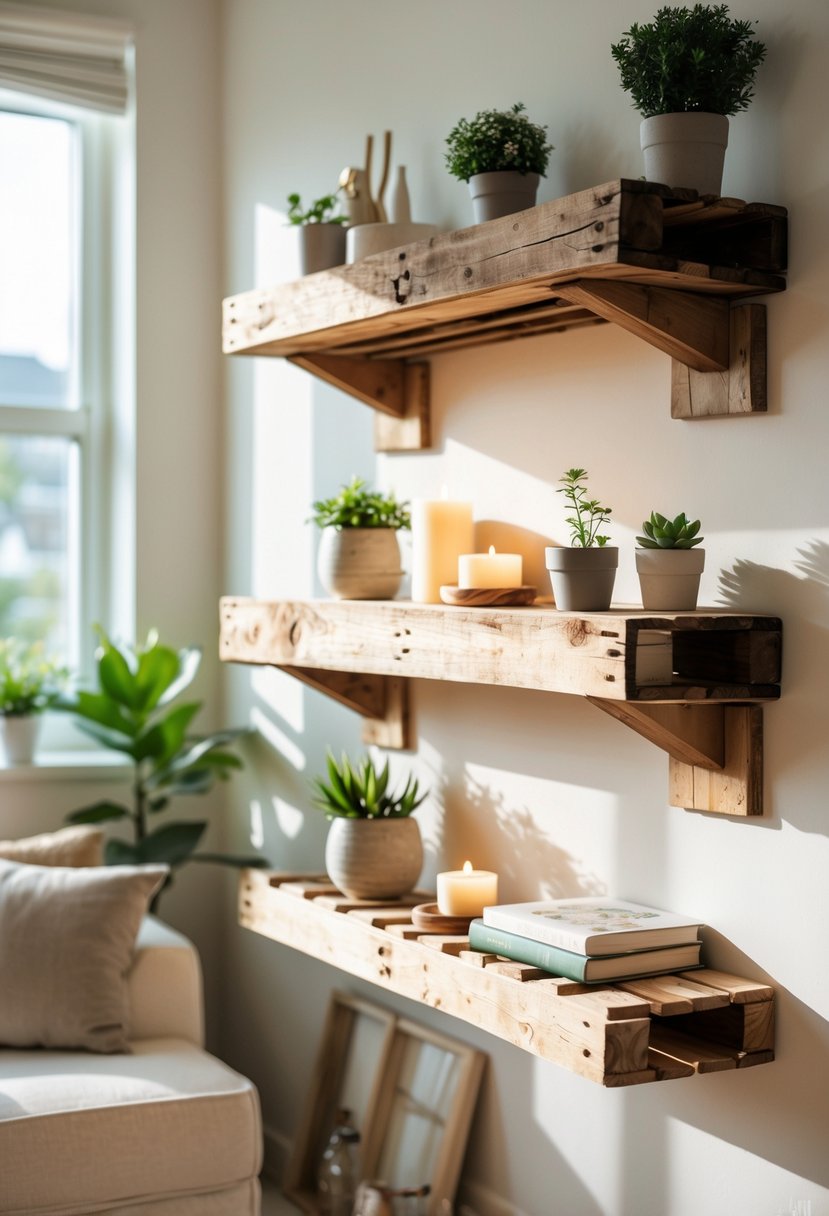 Wooden shelves made from reclaimed pallet wood mounted on a wall, decorated with plants, books, and small decorative items in a cozy room.