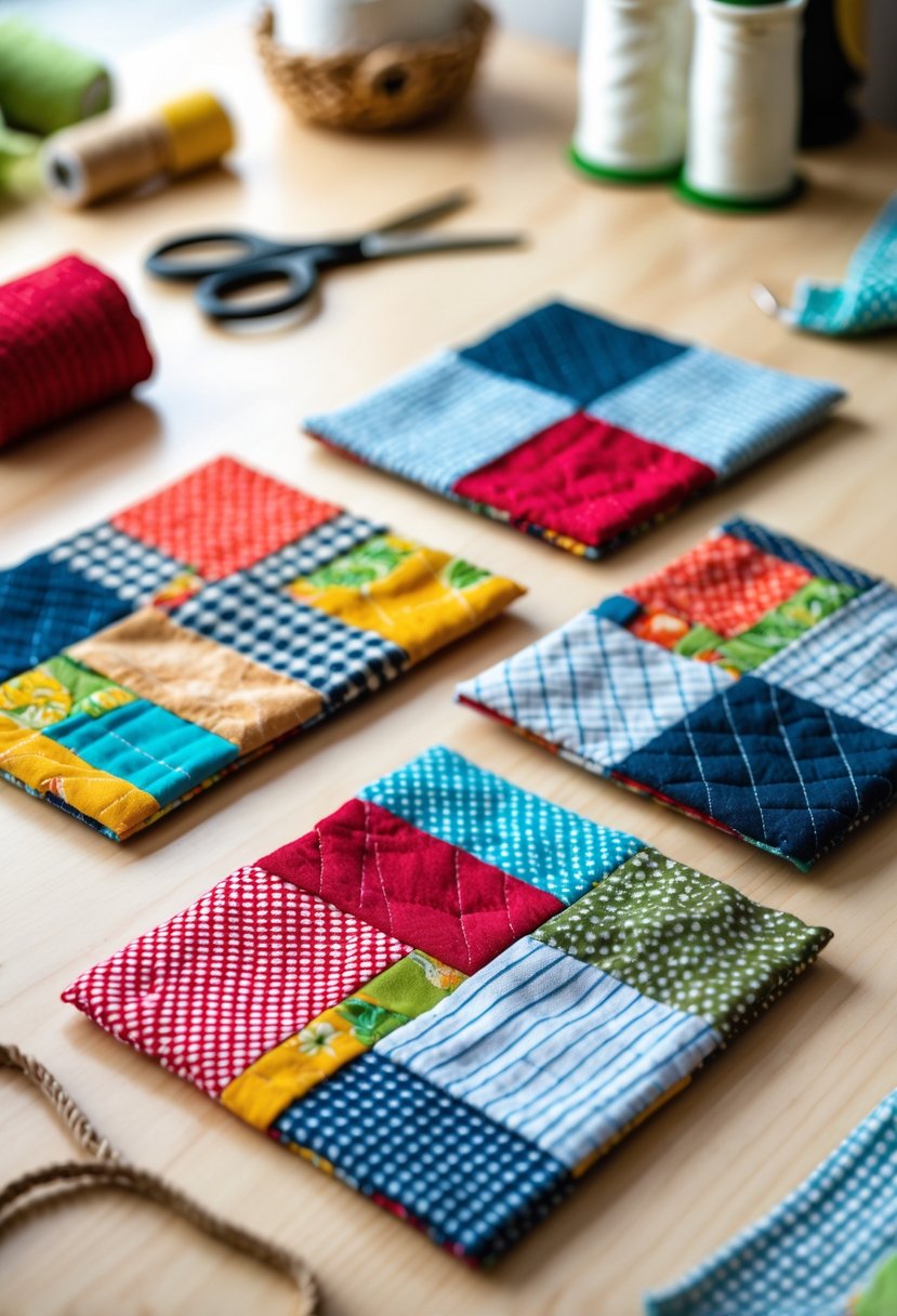 A set of colorful patchwork fabric coasters arranged on a wooden table with sewing supplies nearby.