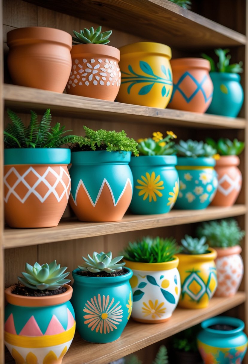 A collection of colorful custom painted terracotta pots with small plants arranged on a wooden shelf indoors.