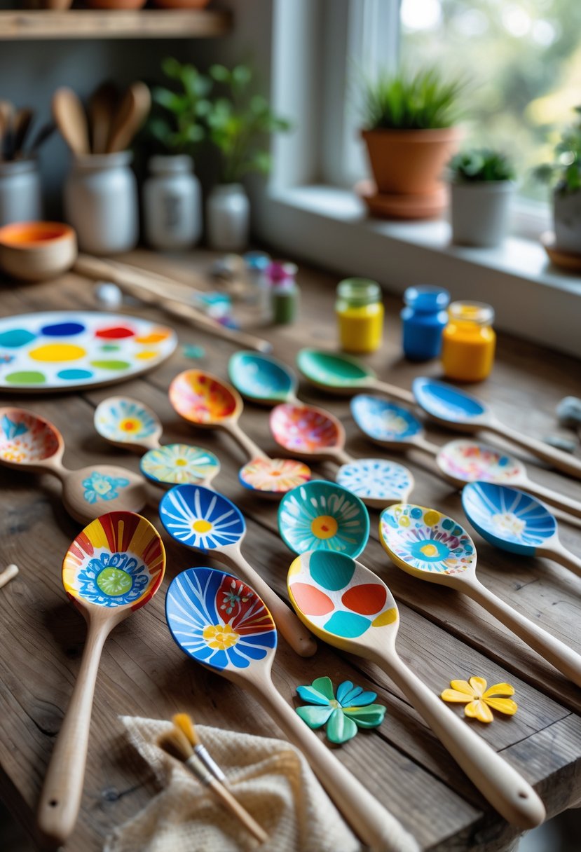 A collection of colorful hand-painted wooden spoons on a wooden table surrounded by paint jars and brushes in a bright kitchen setting.