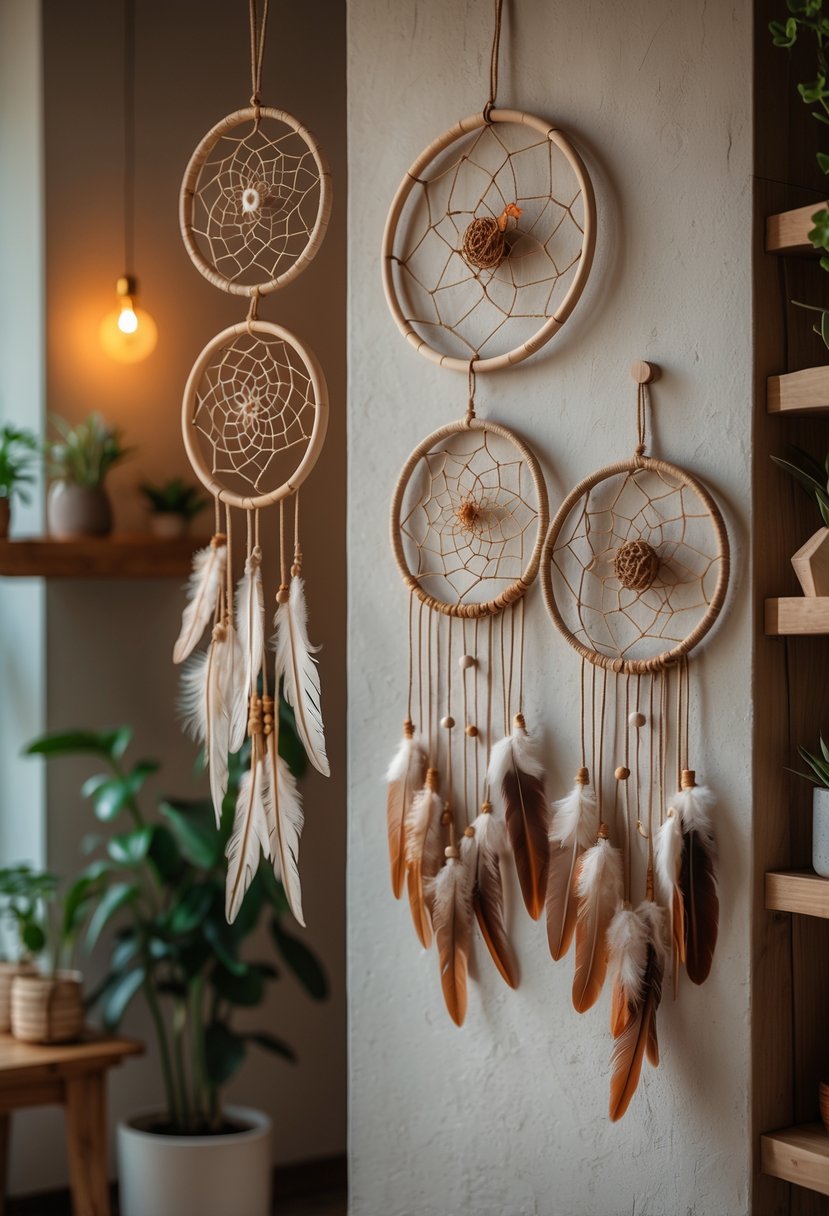 A cozy room corner with several handmade dreamcatchers hanging on the wall, surrounded by plants and decorative objects.