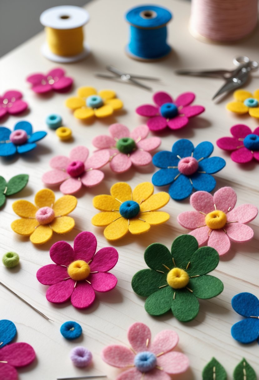 A collection of colorful felt flower brooches and crafting supplies arranged on a wooden table.