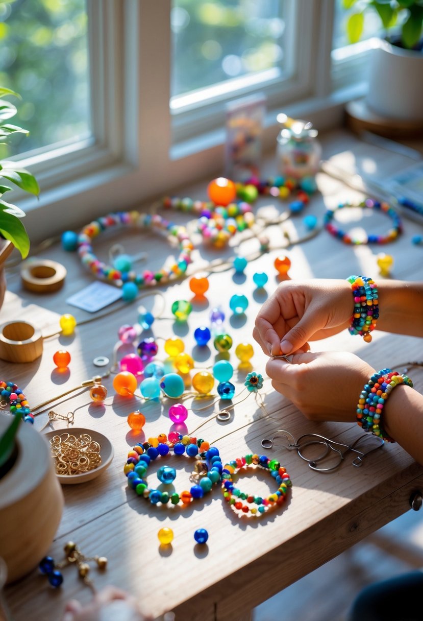Hands stringing colorful beads on a bracelet at a wooden table with scattered beads and jewelry tools in a sunlit room.
