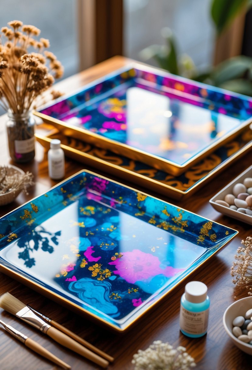 A collection of colorful resin coated decorative trays on a wooden table surrounded by crafting materials like paintbrushes, dried flowers, and small bottles.