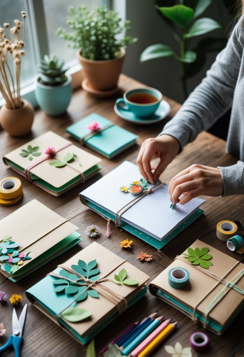 A person decorating recycled paper notebooks on a wooden table surrounded by craft supplies and natural light.
