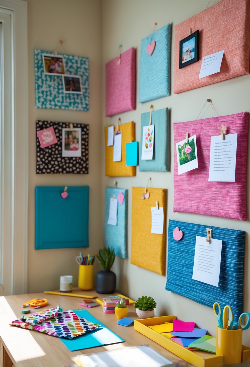 A room corner with fabric covered bulletin boards displaying photos and notes above a wooden desk with craft supplies.