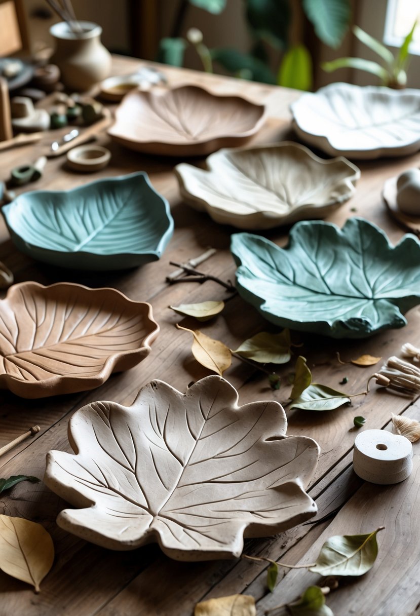 A wooden table with handmade clay leaf-shaped dish trays surrounded by crafting materials and dried leaves.