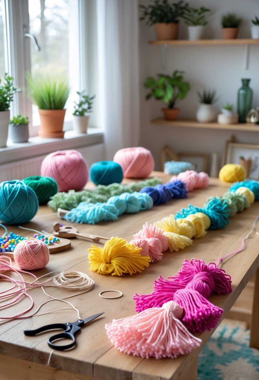 A table with colorful tassel garlands and crafting supplies in a bright room with plants in the background.