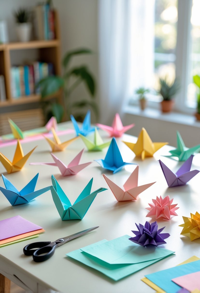 A table with colorful origami decorations and crafting tools in a cozy home setting.