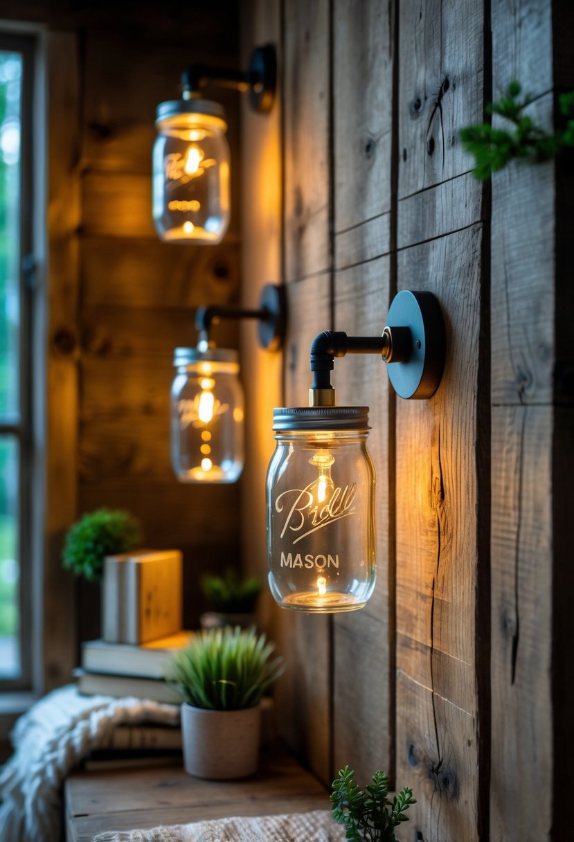 A cozy room corner with mason jar lights mounted on a wooden wall, softly glowing and surrounded by plants and books.
