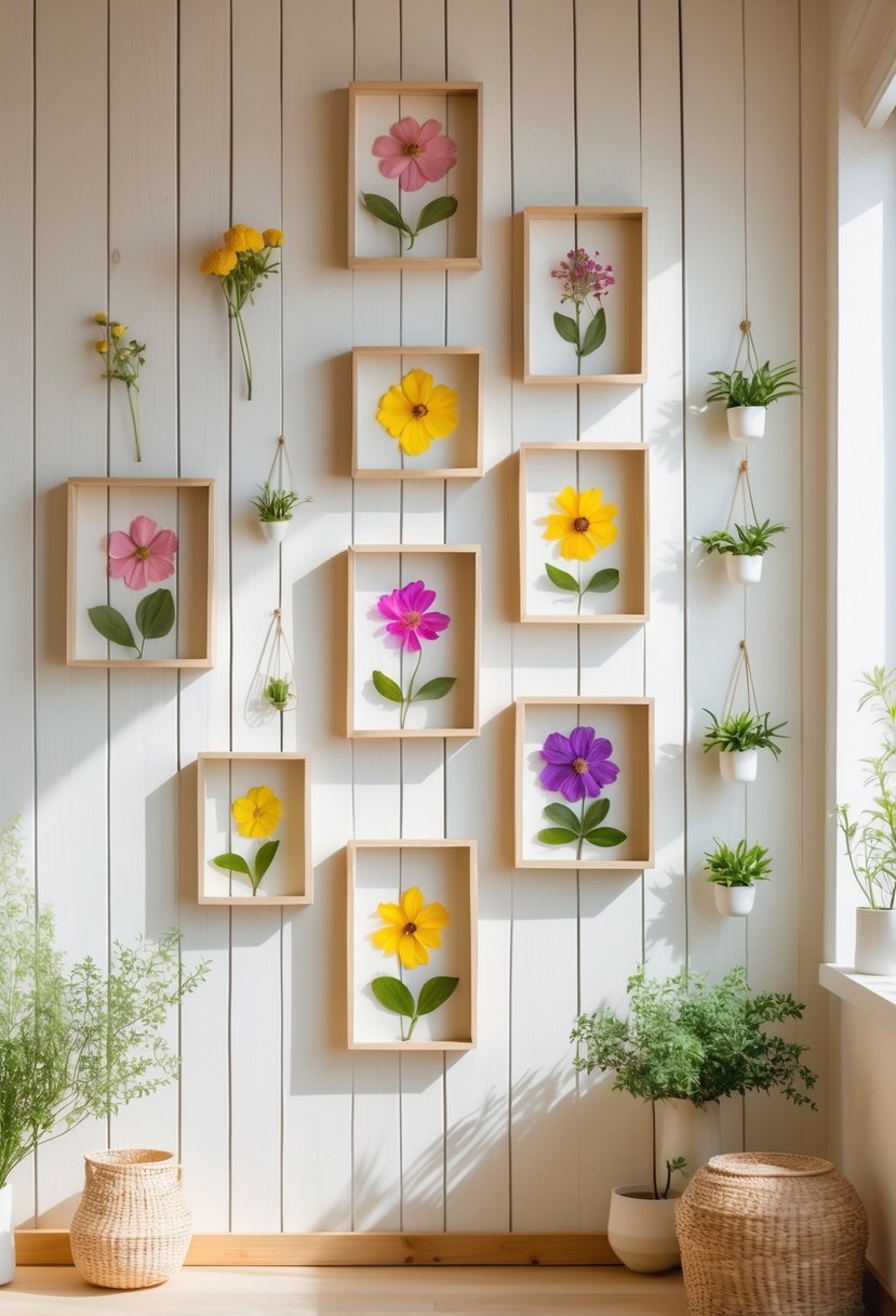 A collection of pressed flower frames displayed on a wooden wall with small plants and natural light in a cozy room.