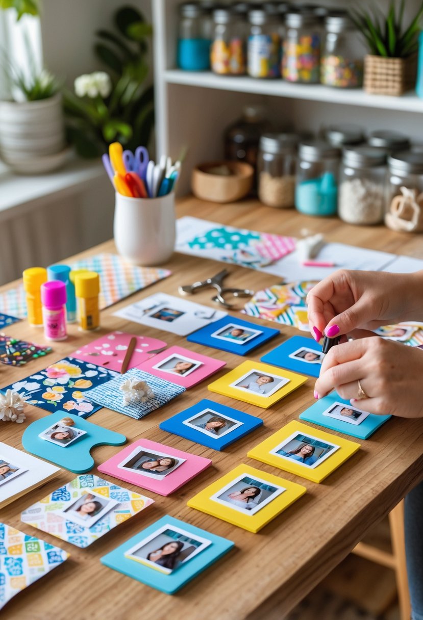 Hands making personalized photo magnets on a wooden table surrounded by craft supplies in a cozy room.