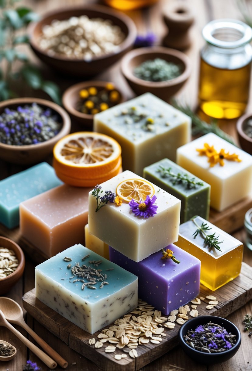 An assortment of colorful handmade scented soap bars with natural ingredients and crafting tools on a wooden surface.