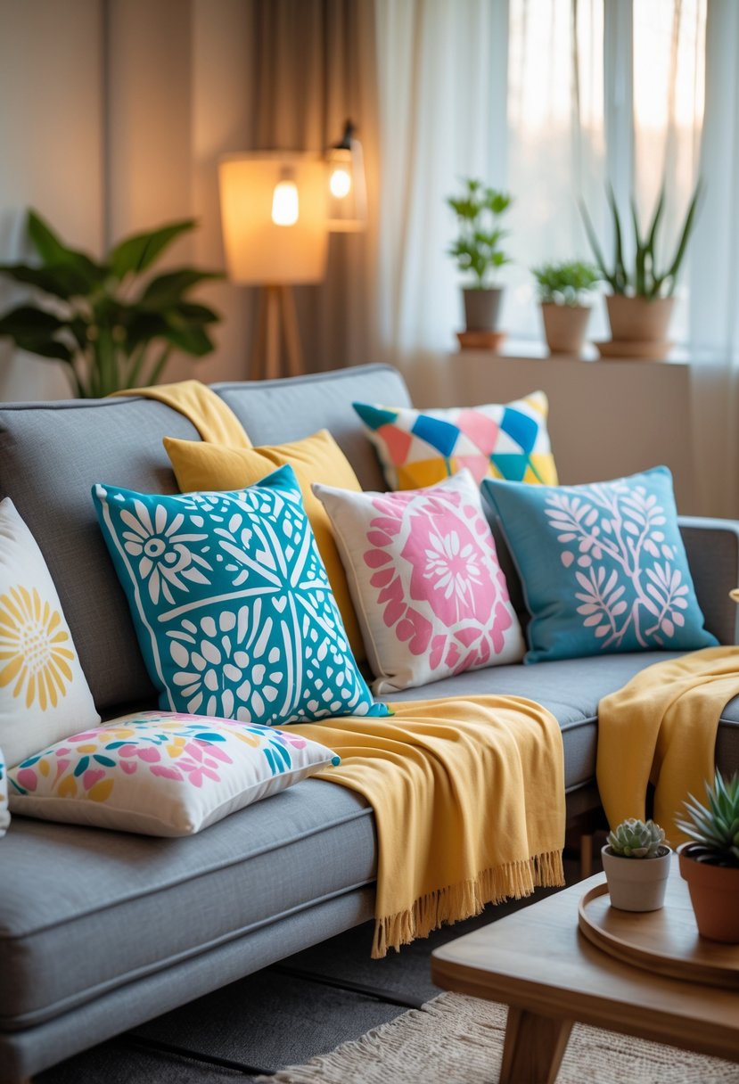 A living room with a sofa decorated with colorful patterned throw pillows and a wooden coffee table with plants.