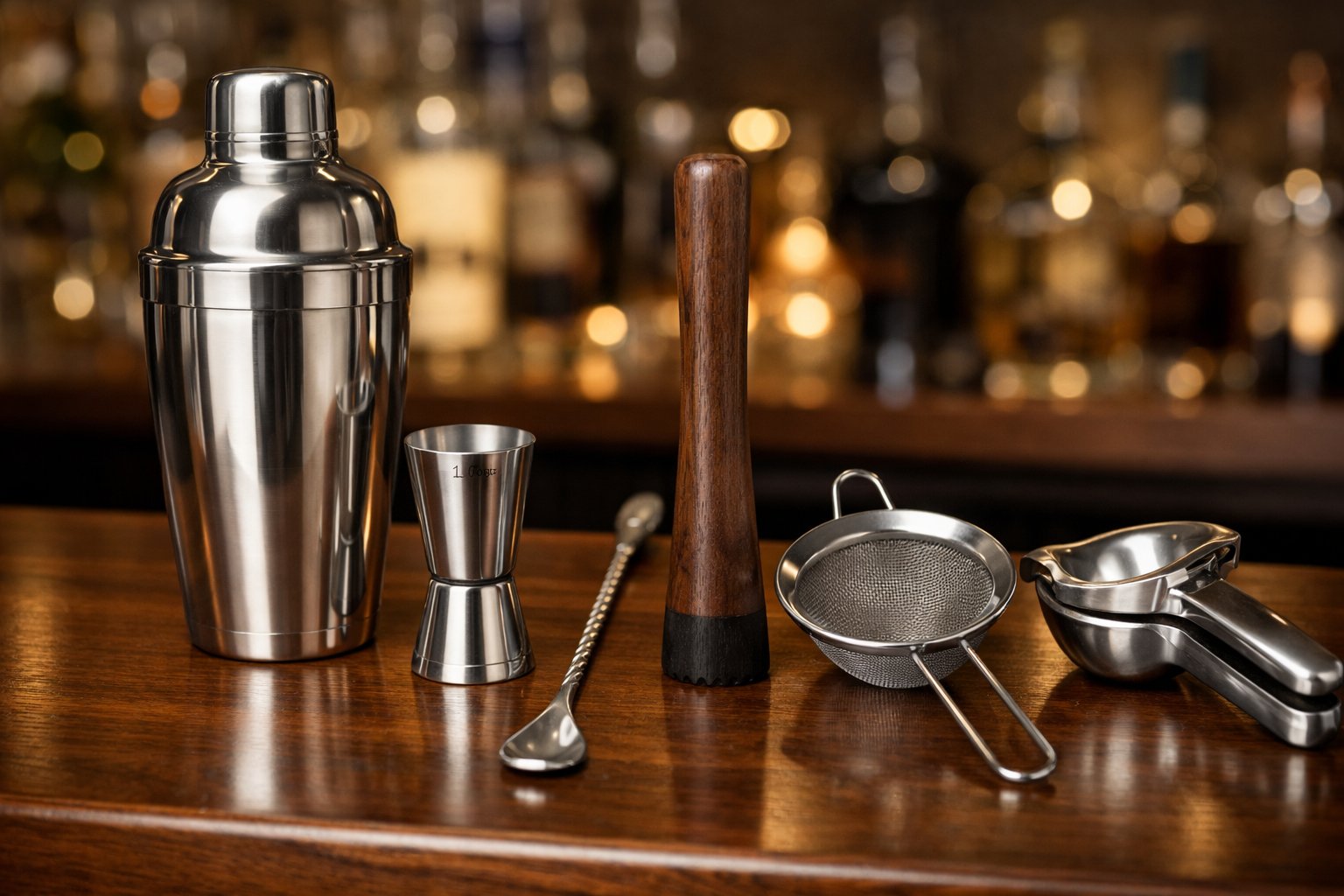 A collection of cocktail mixing tools including a shaker, jigger, bar spoon, muddler, strainer, and citrus squeezer arranged on a wooden bar counter.