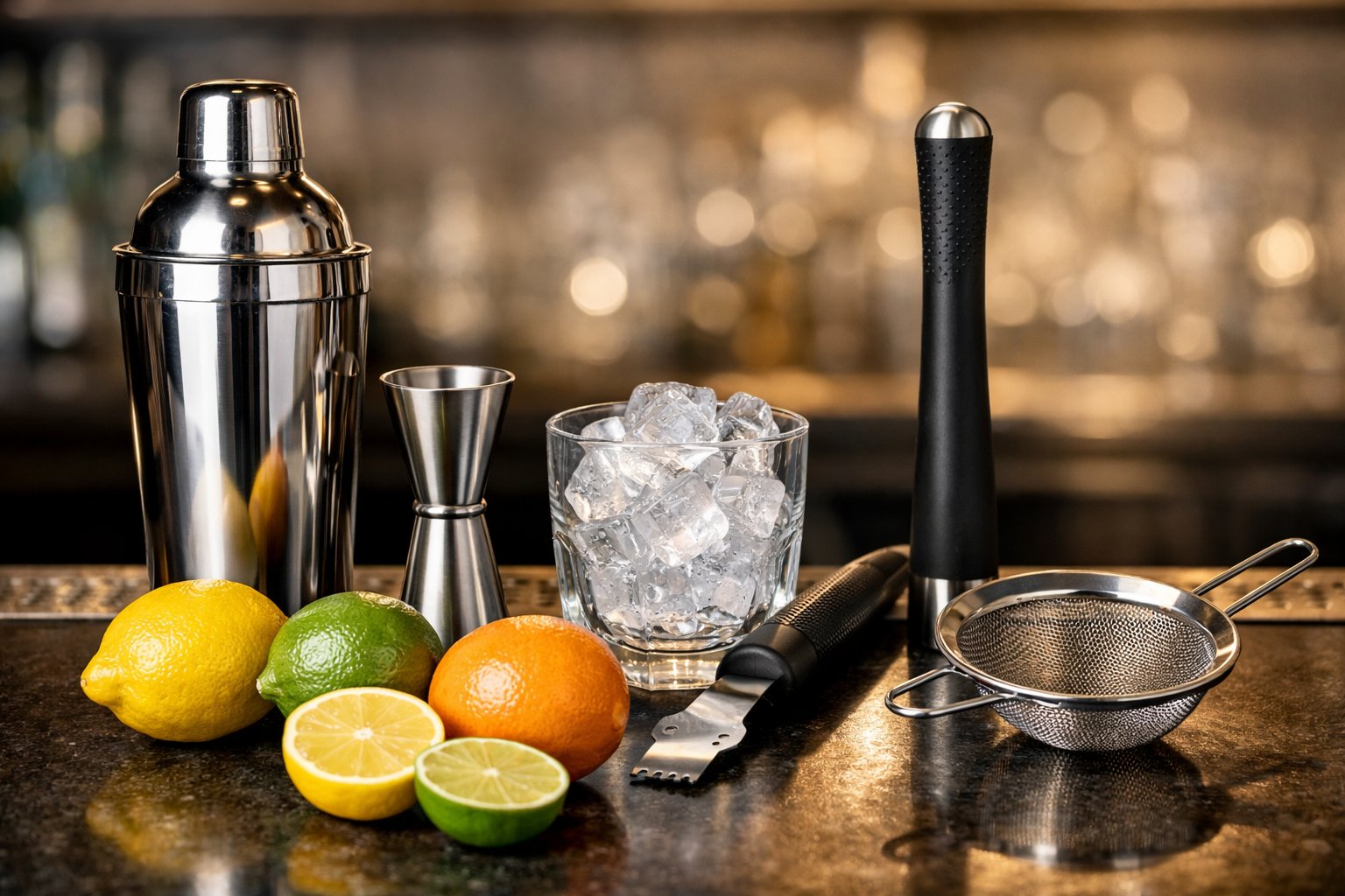 A bar countertop with cocktail tools including a shaker, jigger, citrus zester, muddler, strainer, fresh citrus fruits, and a glass with ice cubes.