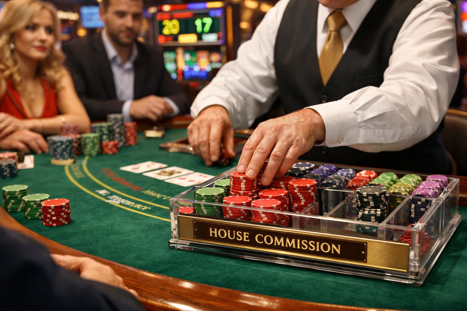 A casino dealer at a blackjack table handling chips with players watching, highlighting the concept of commission in casino gaming.