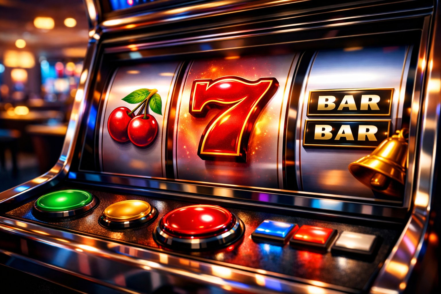Close-up of a colorful digital slot machine interface in a modern casino setting with glowing buttons and vibrant game symbols.