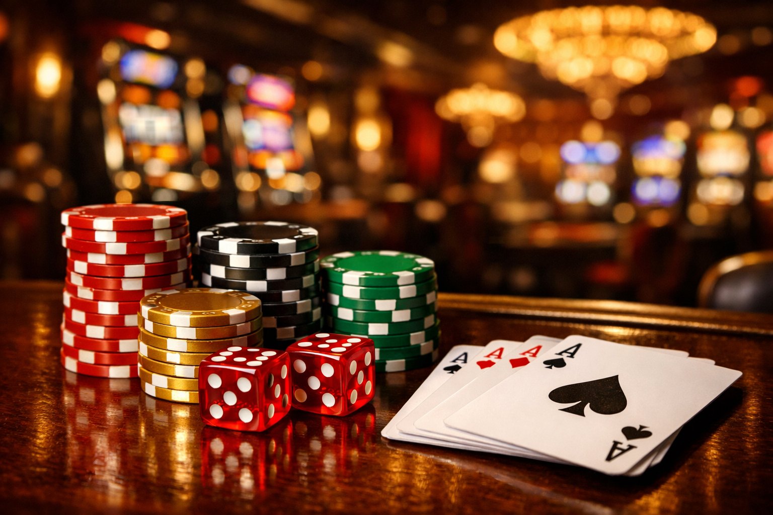 A close-up of poker chips, dice, and playing cards on a wooden table with blurred casino lights in the background.