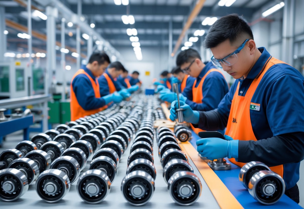 Workers assembling and inspecting caster wheels in a clean manufacturing workshop with machinery in the background.