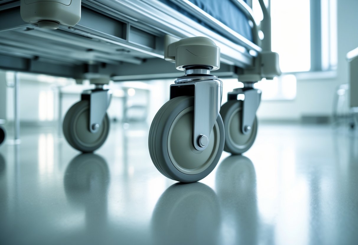 Close-up of medical casters attached to hospital bed base in a clean hospital room.