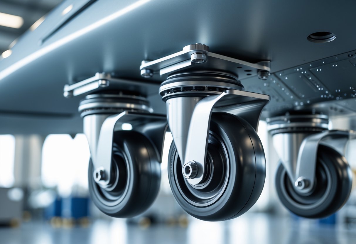 Close-up of aerospace casters attached to a metallic aircraft part in a clean manufacturing setting.