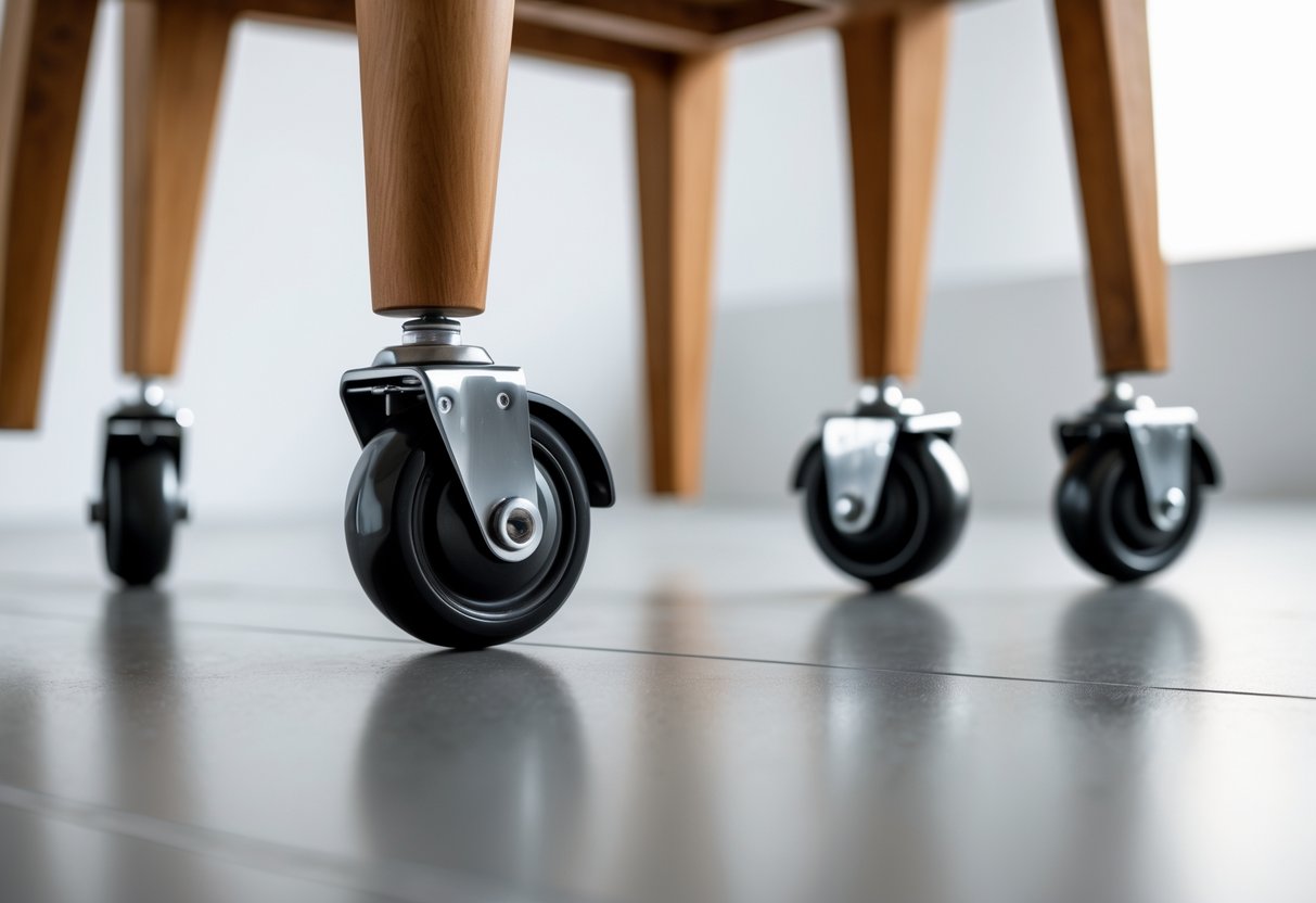 Close-up of black rubber furniture casters attached to wooden chair legs on a smooth floor.