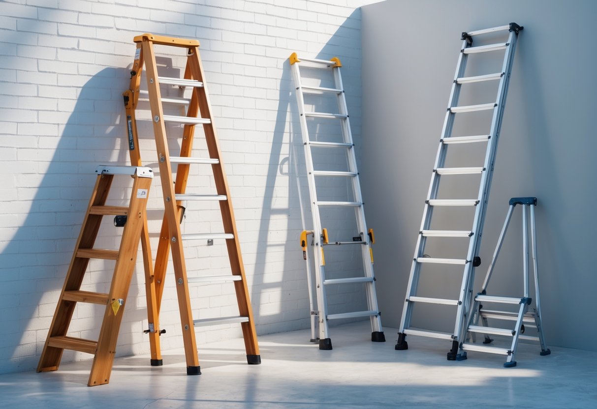 Several ladders of different types arranged outdoors against a white brick wall and on a concrete surface.