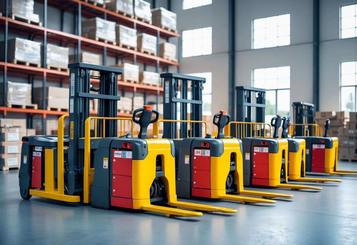 Several pallet jacks arranged in a clean warehouse with shelves and boxes in the background.