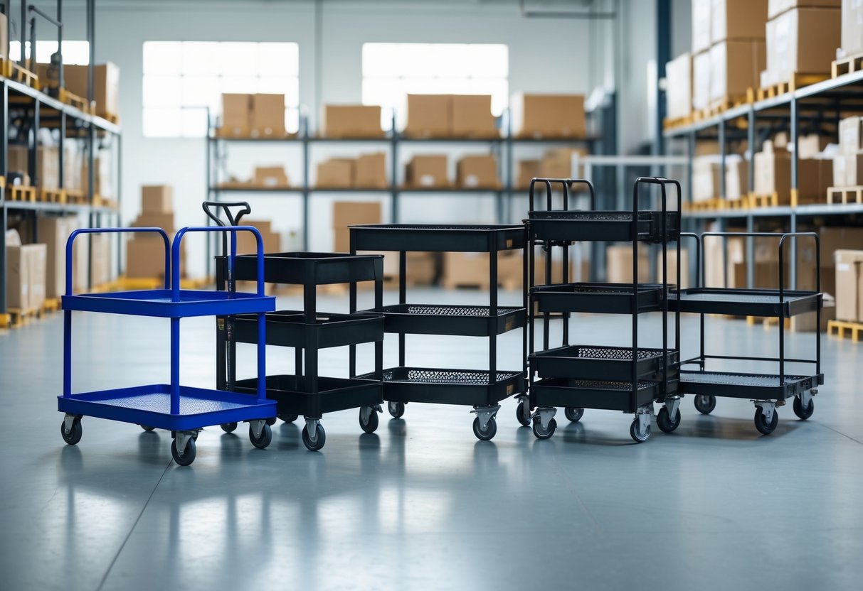 Several utility carts of different types arranged in a clean warehouse with shelves and boxes in the background.