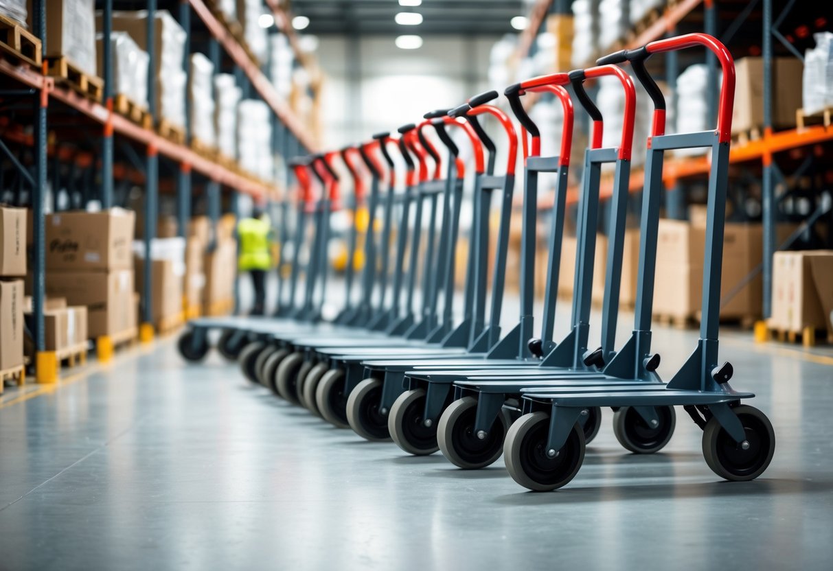 Several hand trucks standing upright in a warehouse with shelves and boxes in the background.