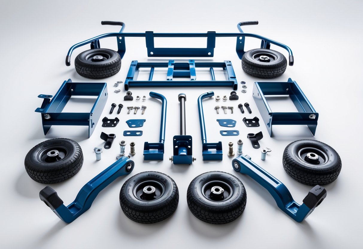 A collection of hand truck parts including frames, handles, wheels, and bolts arranged on a white surface.