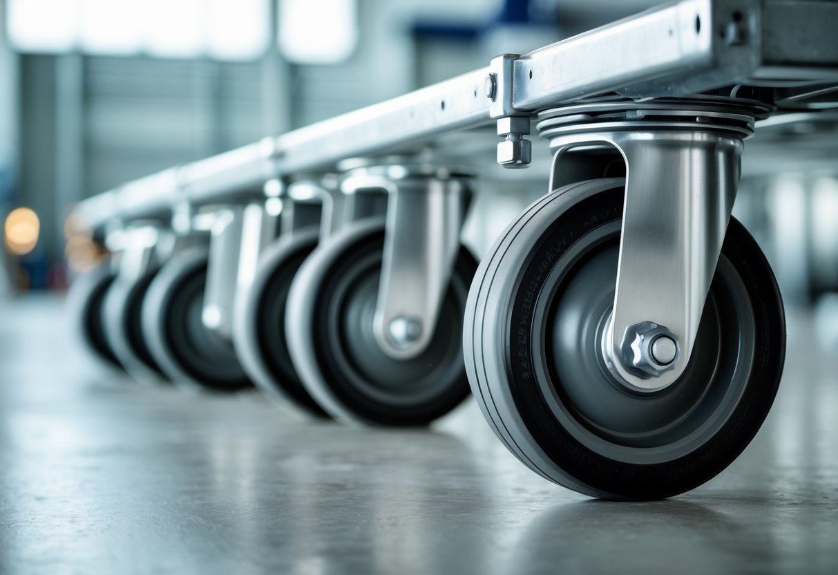 Close-up of heavy-duty ground support caster wheels attached to a metal frame on a concrete floor.