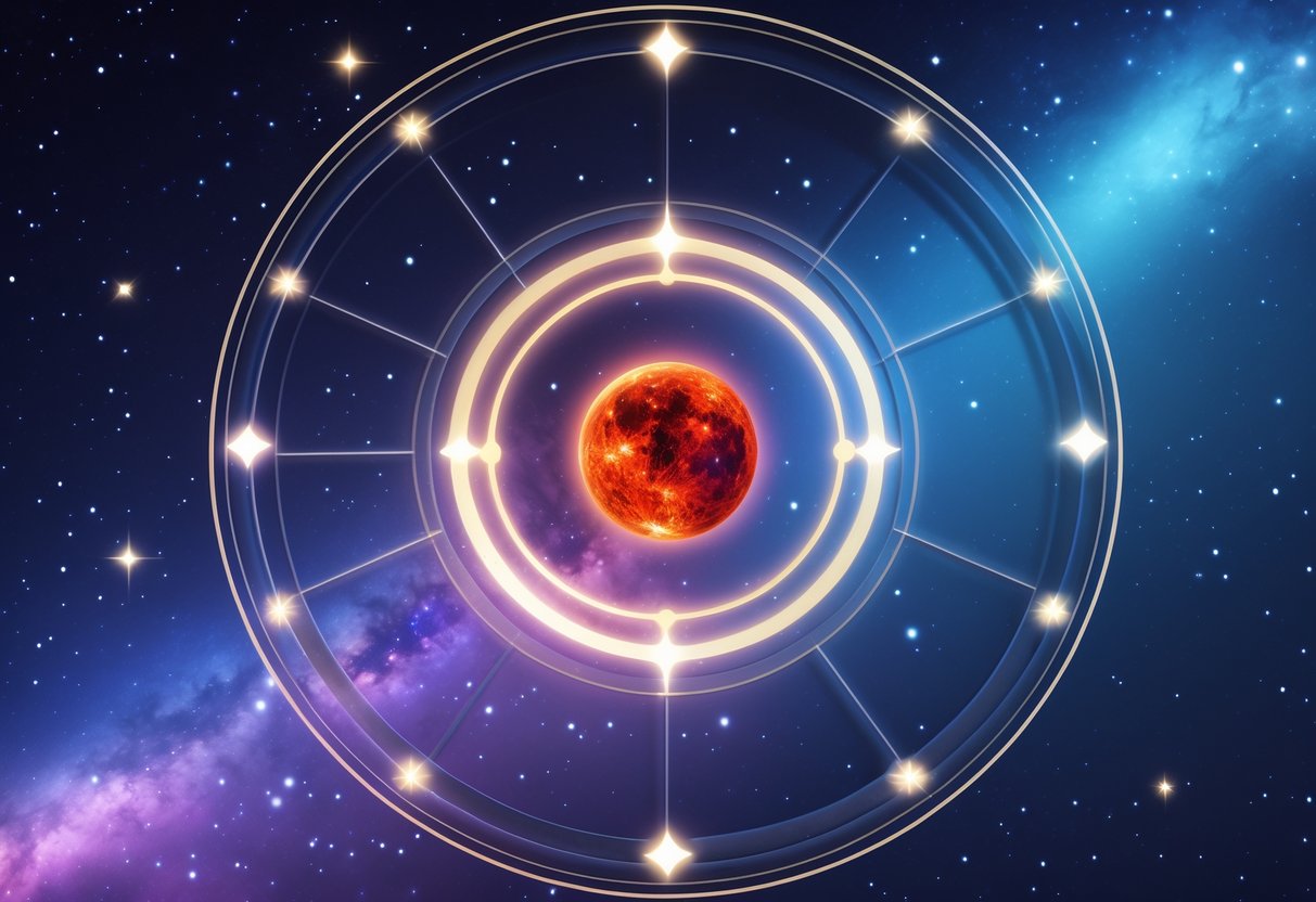 A glowing red Mars planet positioned within a celestial zodiac chart highlighting the third house section surrounded by stars and cosmic background.