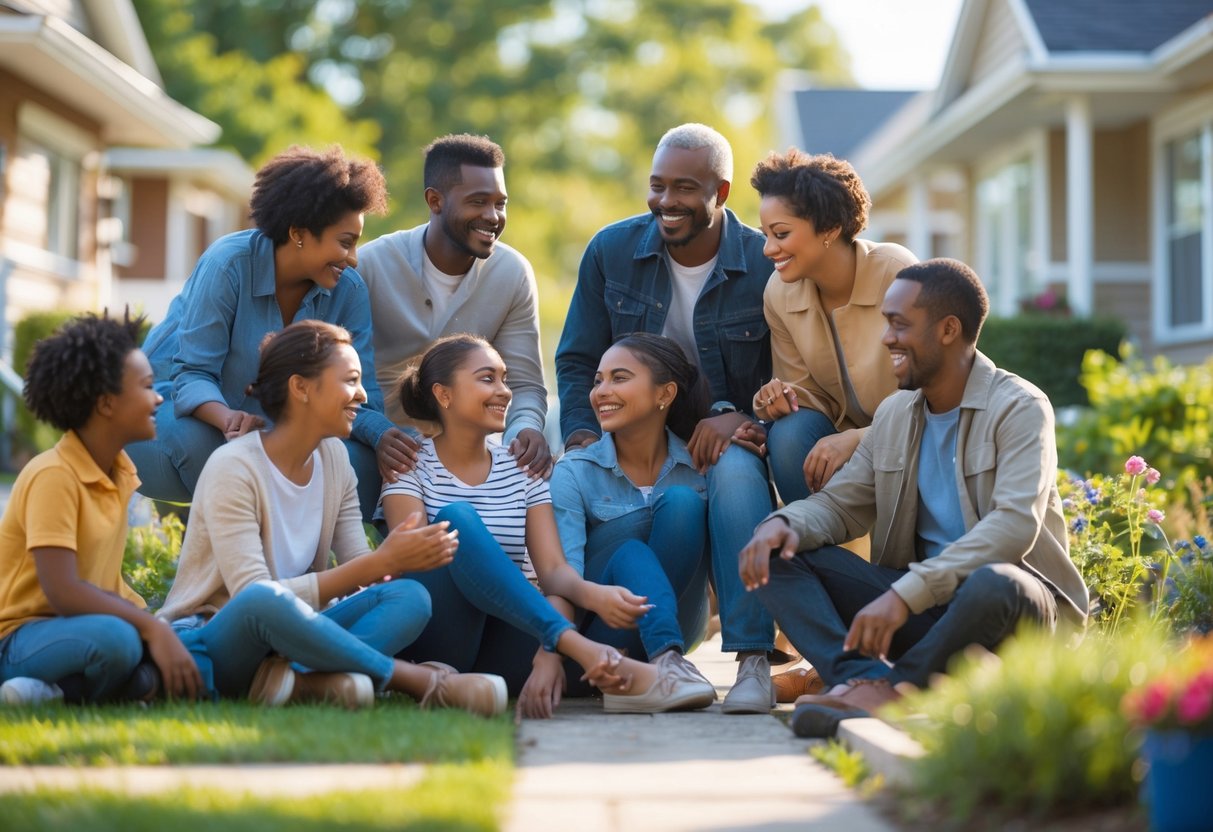 A group of diverse people including siblings and neighbors happily interacting outdoors in a neighborhood park.