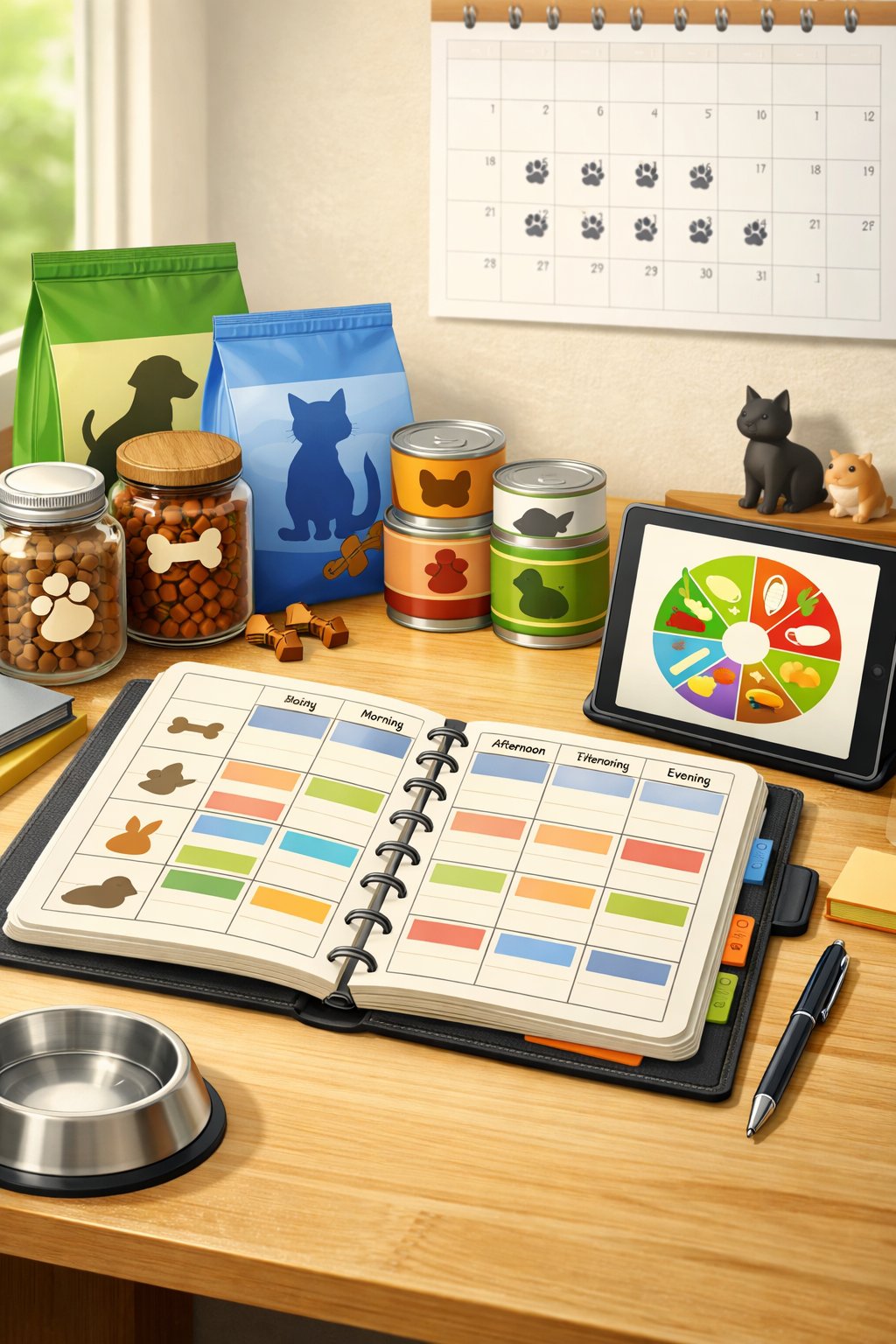 A desk with an open planner, pet food items, and a tablet displaying a pet nutrition chart, arranged to represent planning pet meals.