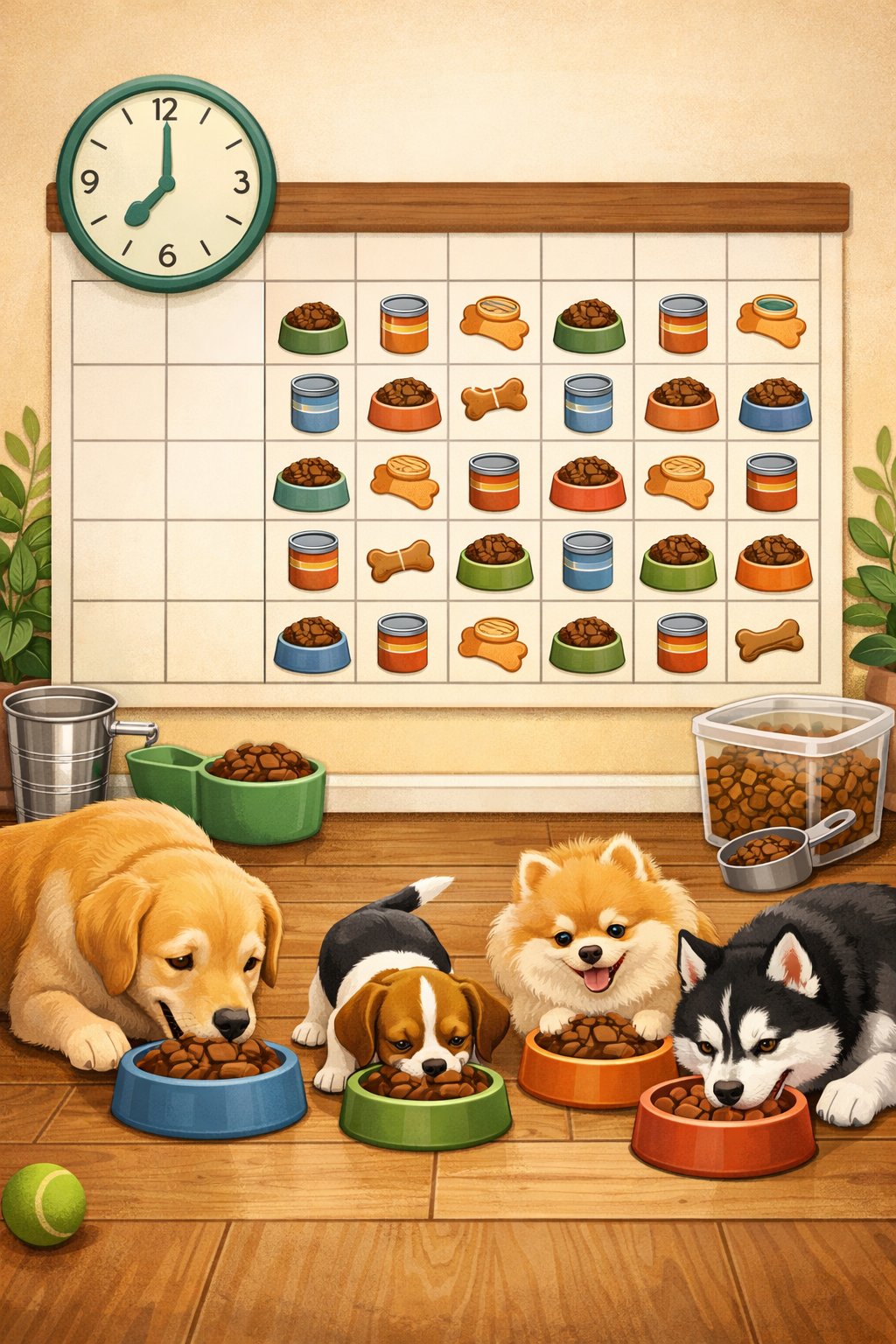 An organized dog feeding schedule with different dog breeds eating from bowls next to a calendar and feeding tools.